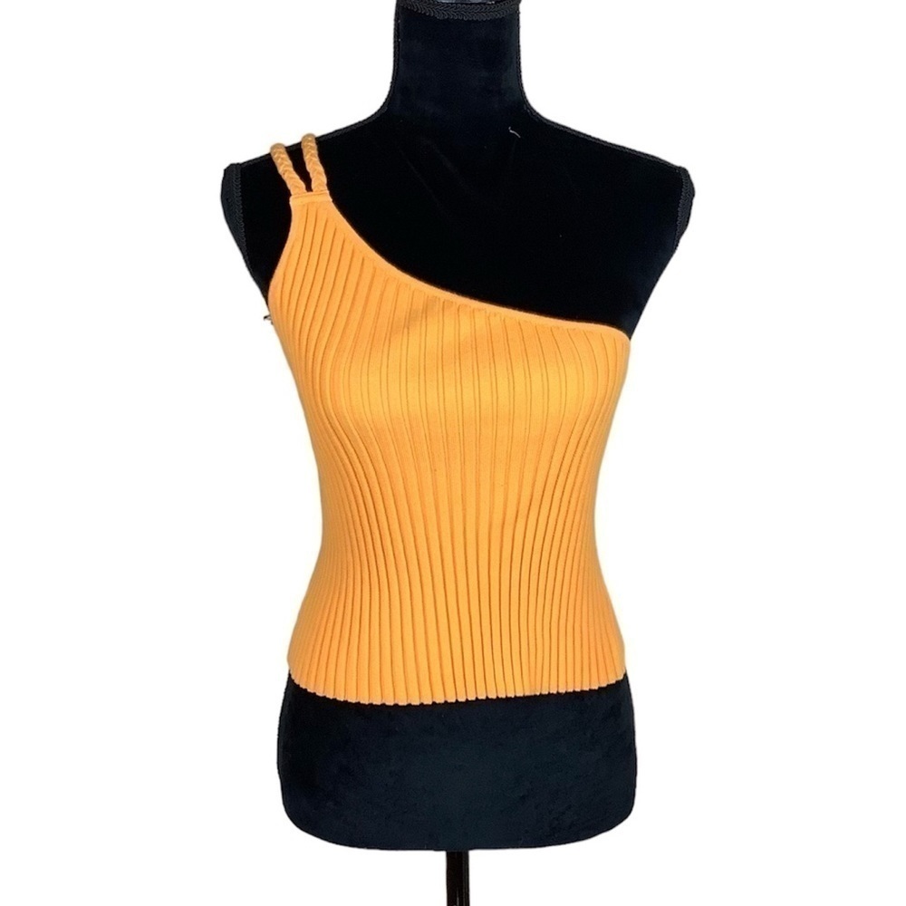 525 ONE SHOULDER FITTED CROPPED RIBBED KNIT YELLOW TOP - Picture 2 of 8